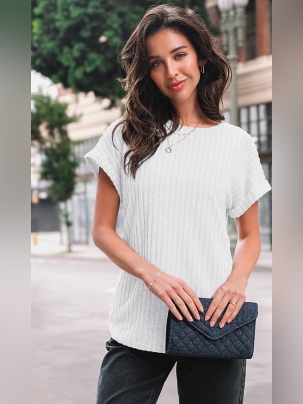 Automet White Ribbed Knit Cuffed Short Sleeve Summer Sweater Top NWT M